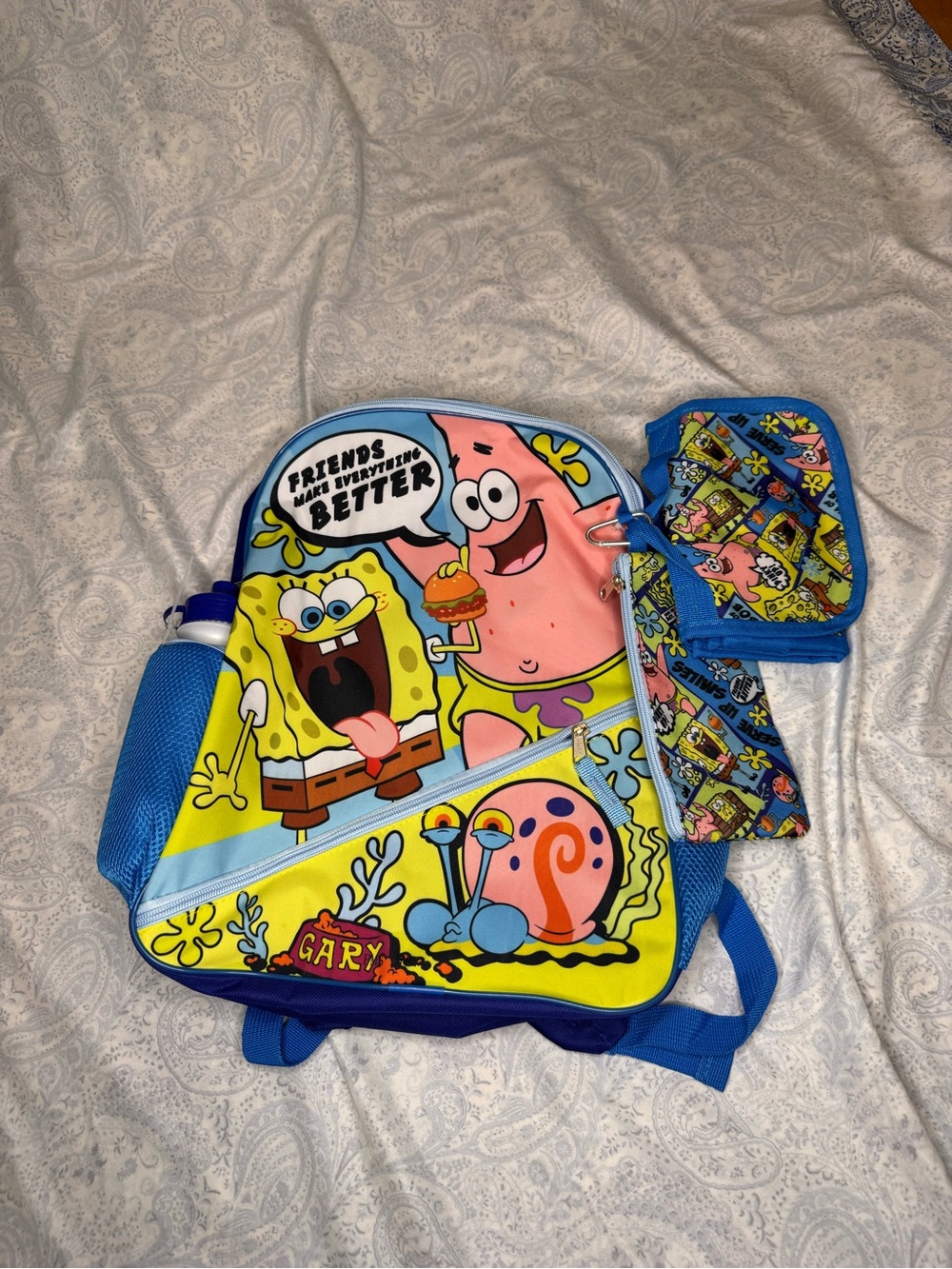 SpongeBob Squarepants 5 piece Backpack Set w/ Bottle, Pouch, Lunch Bag, Clip